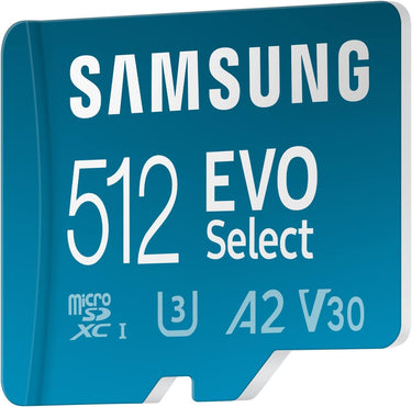 Samsung EVO Select Micro SD + Adapter SDXC 512GB 130MB/s for 4K UHD UHS-I, U3, A2, V30